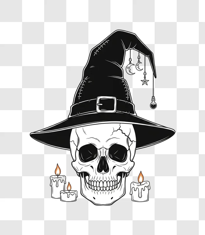 spooky skull with witch hat and burning candles edited