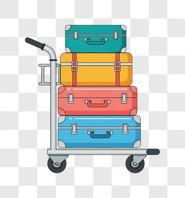 stacked colorful luggage on airport trolley edited