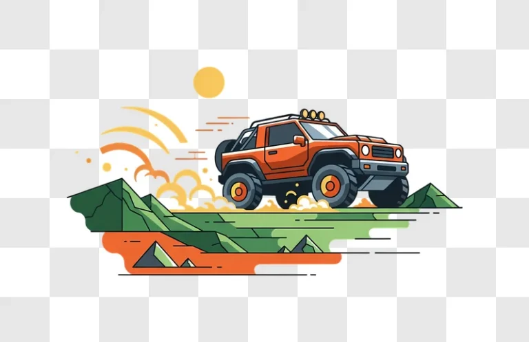 stylized orange off road suv kicking dust on hills edited