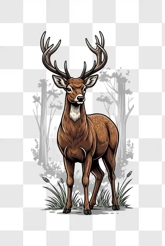 stylized stag standing in woodland illustration edited