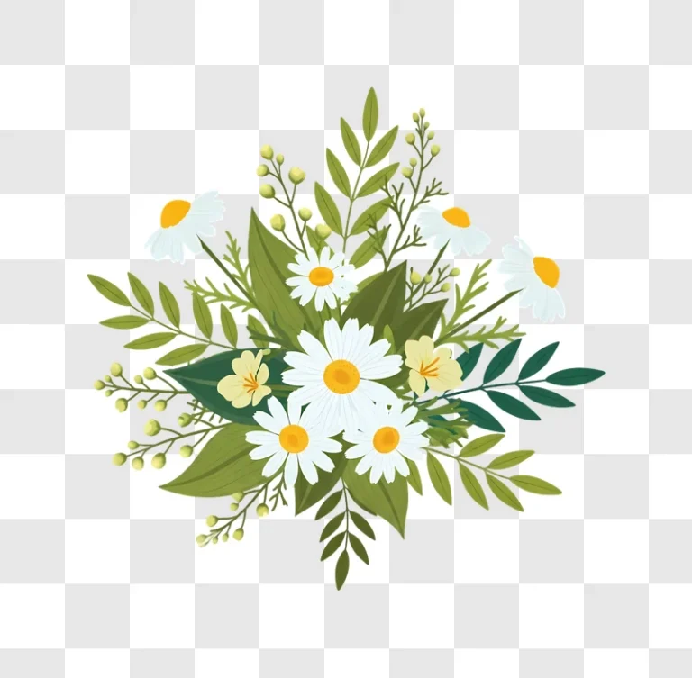 vibrant illustrated daisy and green leaf arrangement edited