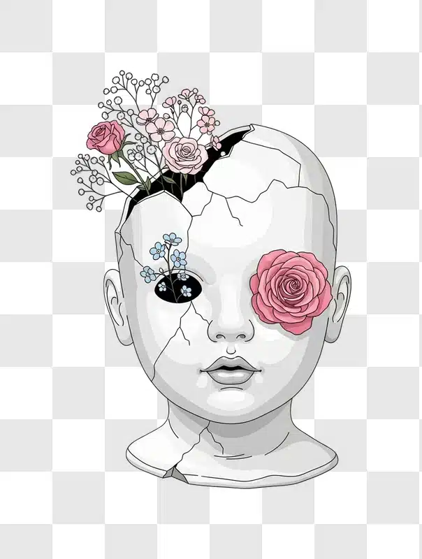 white broken doll head flowers and rose eye edited