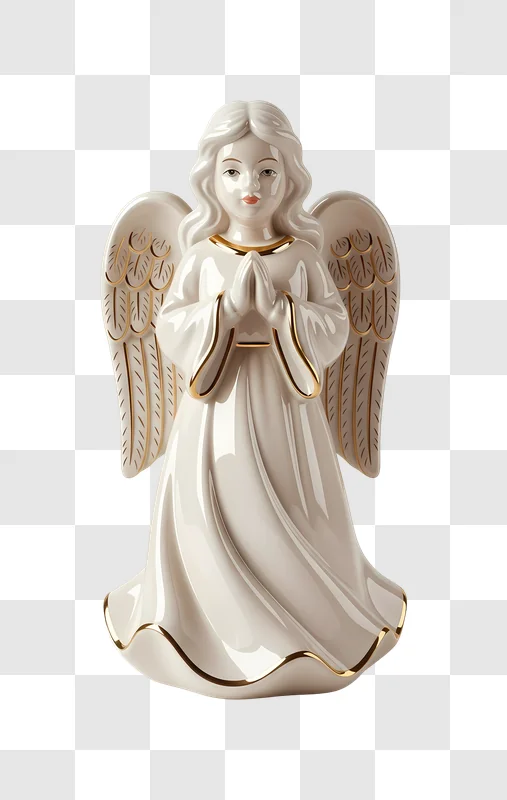 white ceramic angel praying with gold accents edited