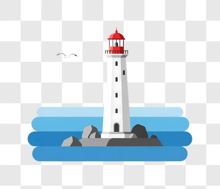 white lighthouse flat illustration on ocean rocks edited