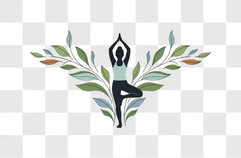woman doing yoga tree pose with leaves edited
