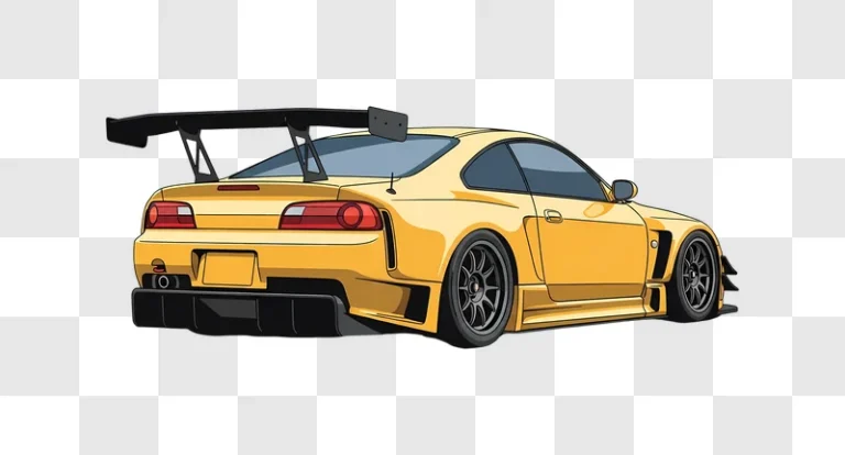 yellow anime tuned sports car rear view on white edited