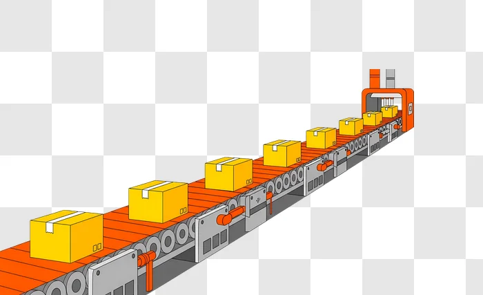 yellow boxes on industrial conveyor belt edited