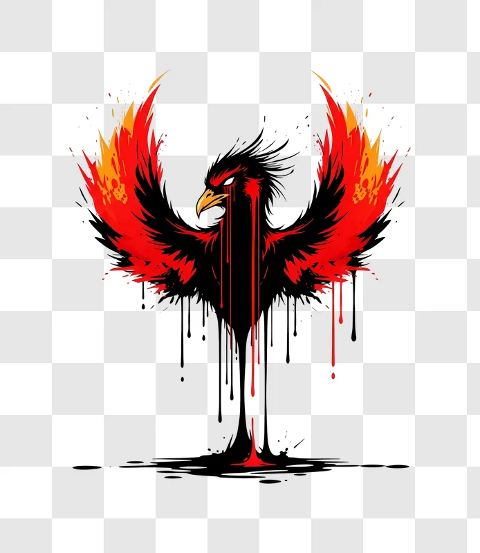 abstract phoenix with flaming wings and red drips