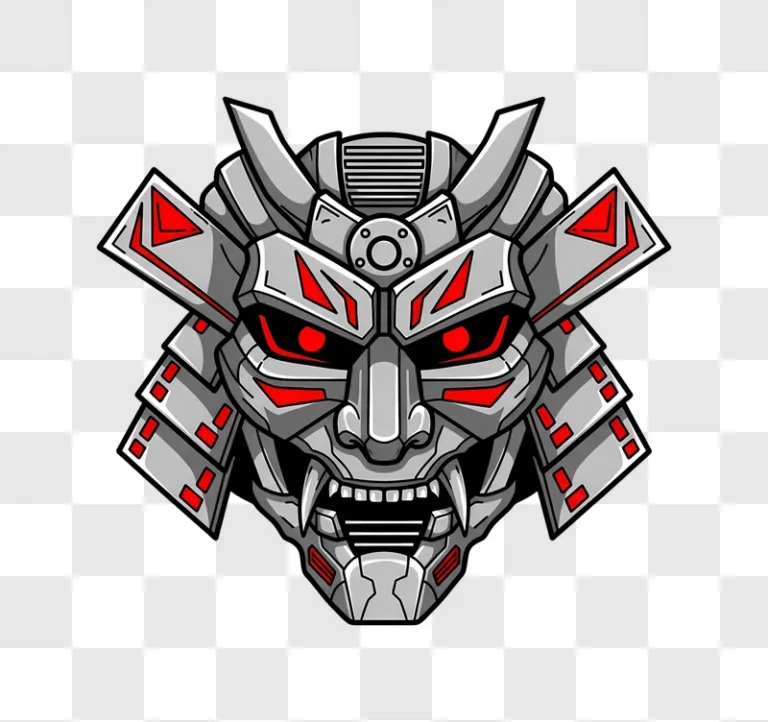 aggressive robotic samurai mask with red eyes