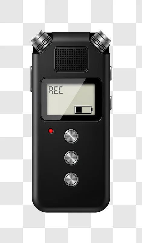 black portable voice recorder showing rec and battery