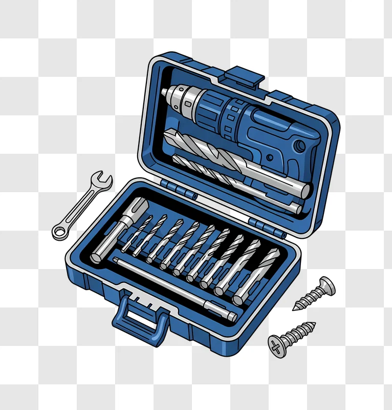 blue illustrated drill kit with bits wrench screws