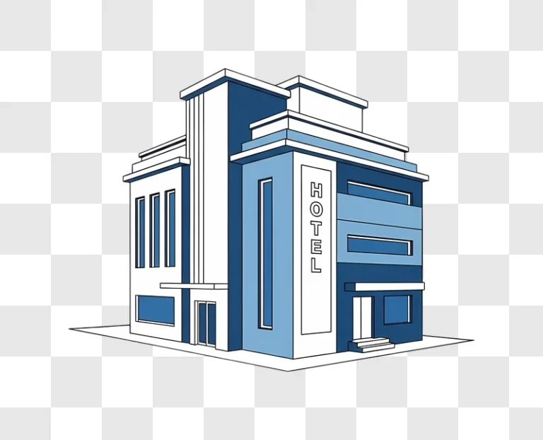 blue and white isometric hotel illustration