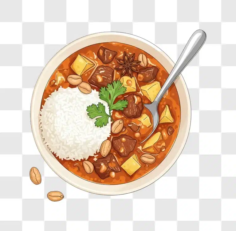 bowl of beef curry with rice and peanuts