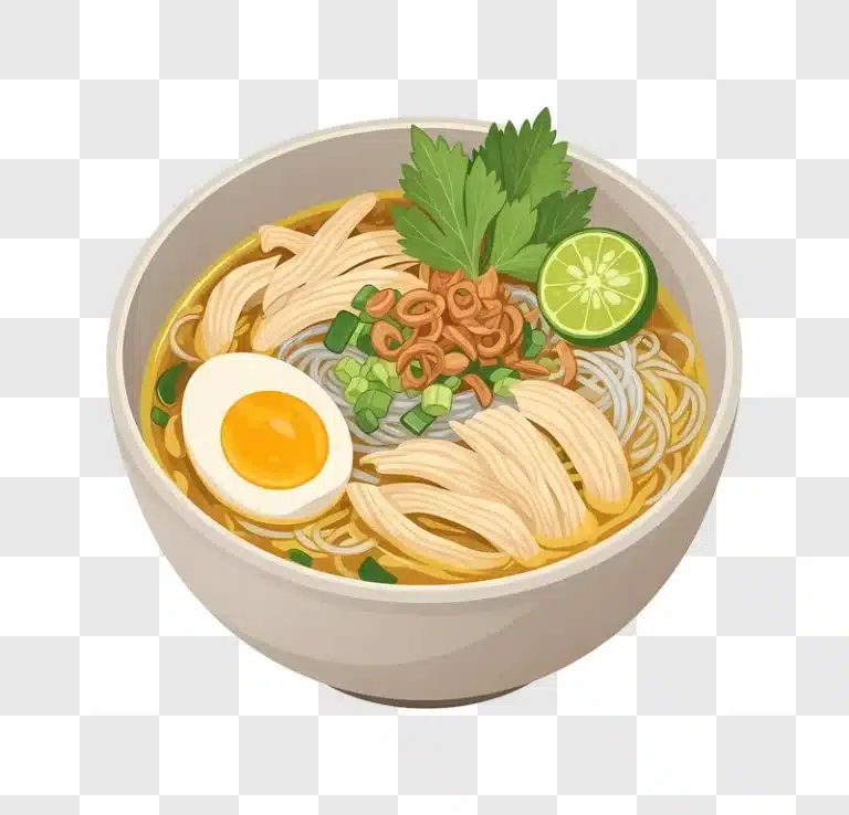 bowl of chicken noodle soup with egg