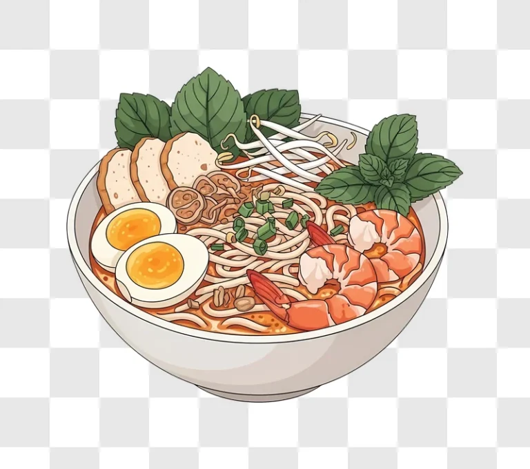 bowl of laksa with shrimp and eggs