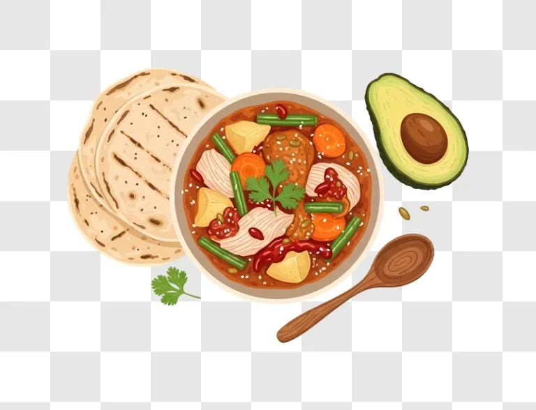 bowl of stew with tortillas and avocado