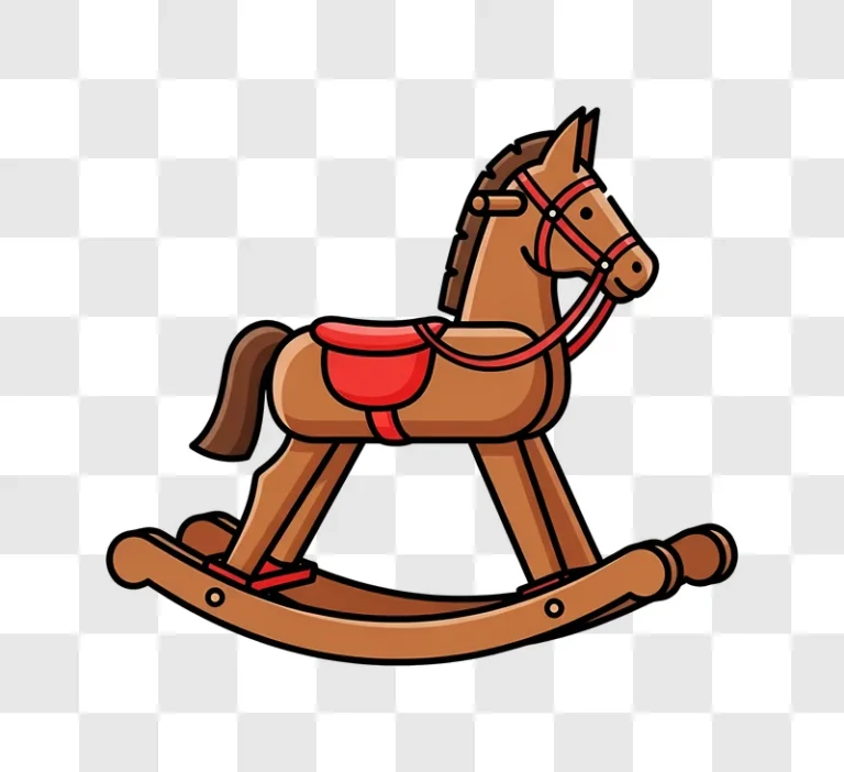 brown cartoon rocking horse with red saddle