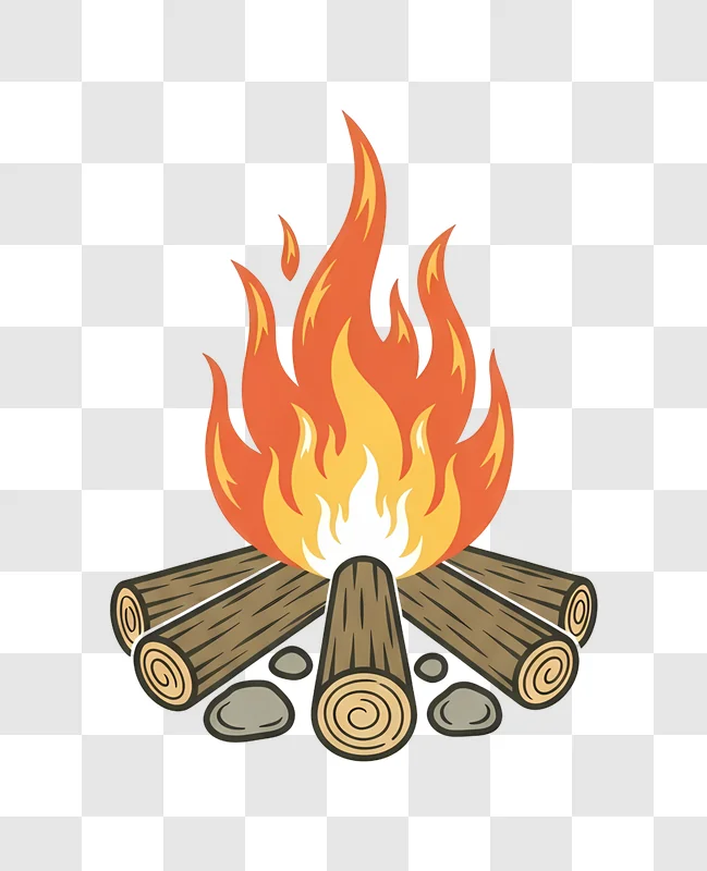 campfire burning with logs and rocks