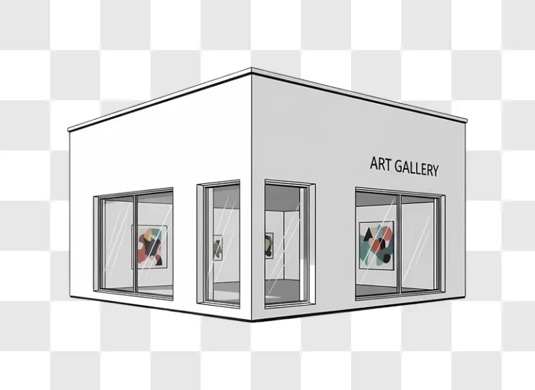 cartoon art gallery building with abstract paintings