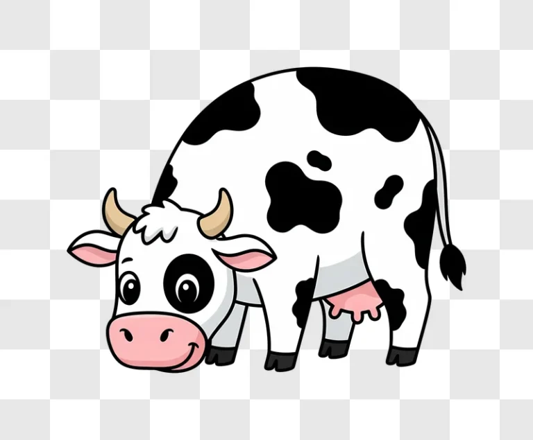 cartoon black and white cow grazing