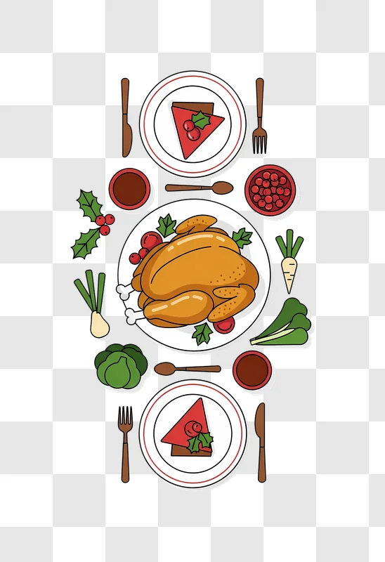 cartoon christmas dinner with turkey and pie