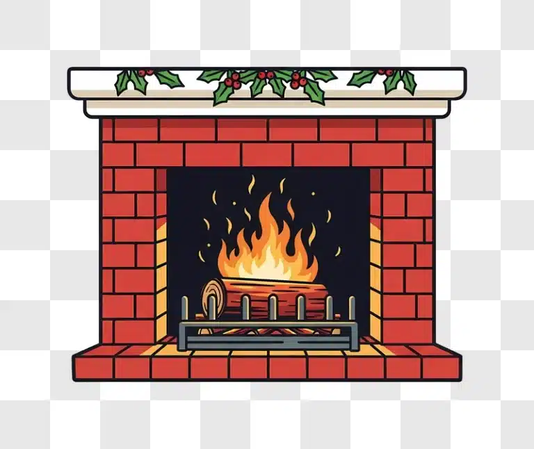 cartoon fireplace with burning logs and holly decoration