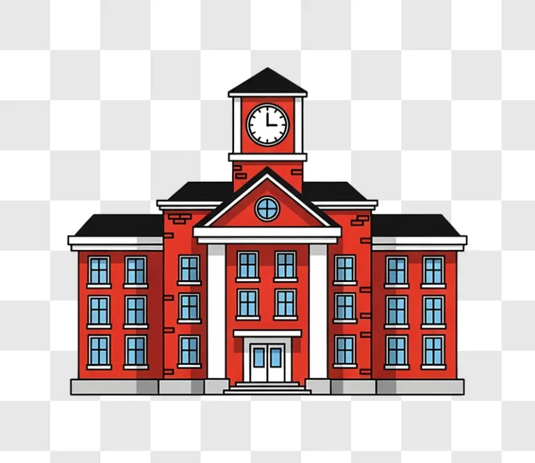 cartoon red brick school building with clock