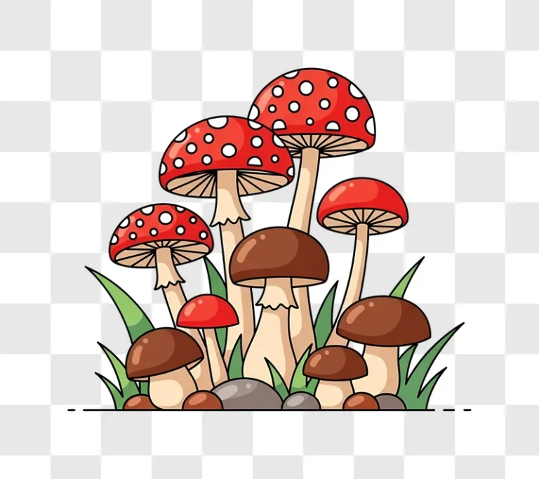 cartoon red and brown mushrooms in grass