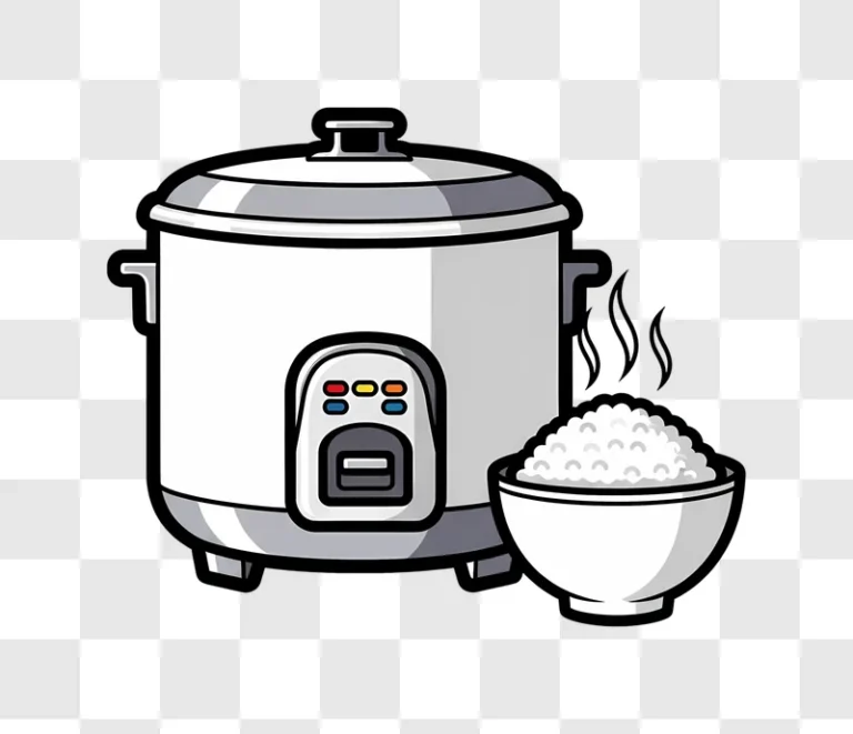 cartoon rice cooker and steaming rice bowl