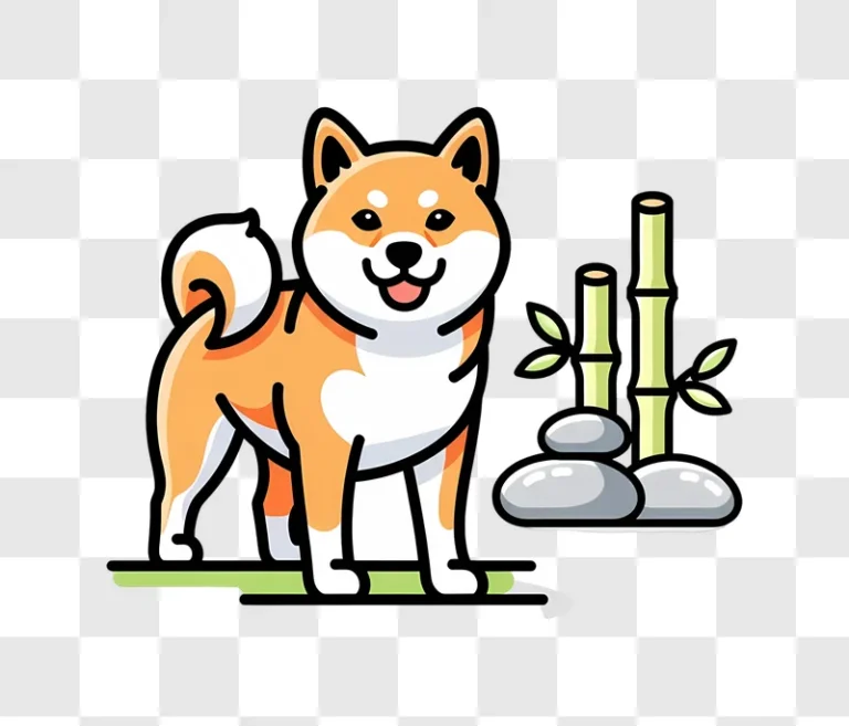 cartoon shiba inu dog with bamboo and stones
