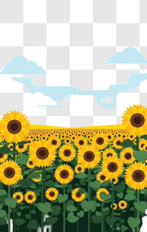cartoon sunflower field under blue cloudy sky