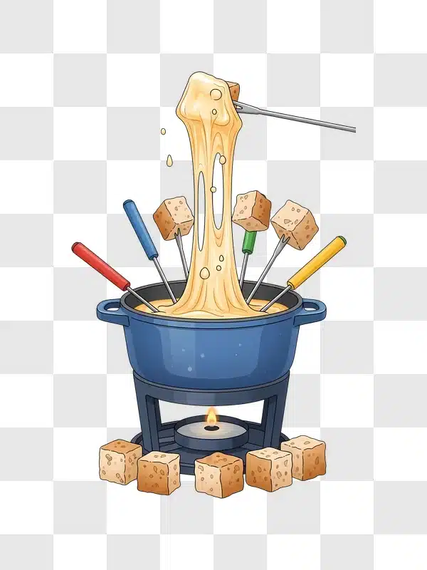 cheese fondue with bread cubes and forks