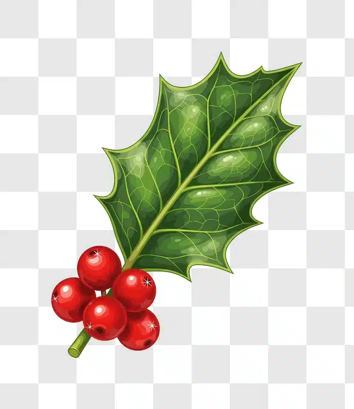 christmas holly leaf and red berries detail