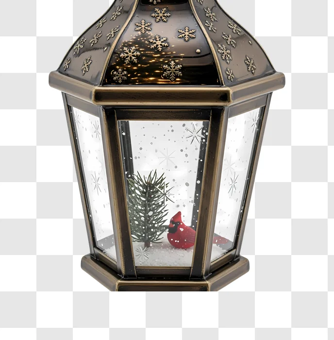 christmas lantern with cardinal and pine tree