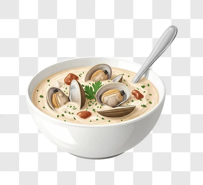 clam chowder in white bowl with spoon