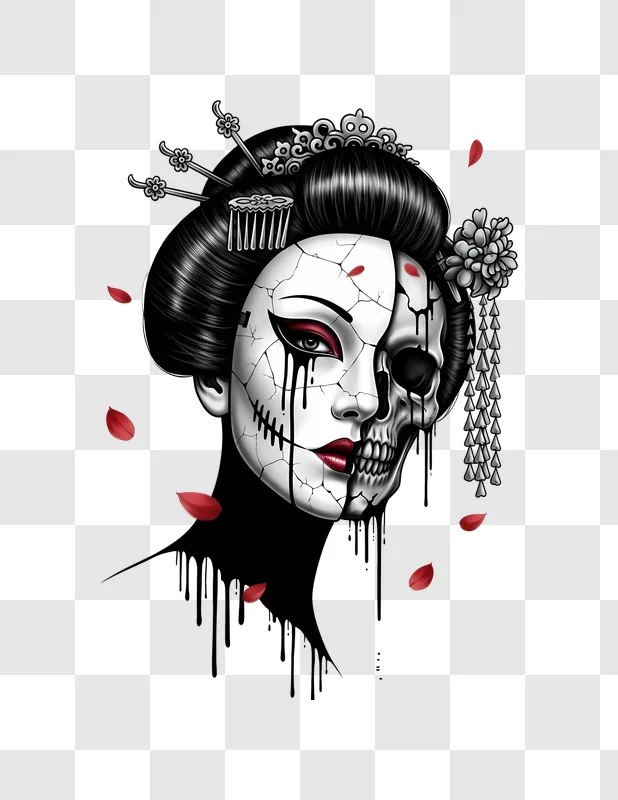 cracked geisha mask and skull with falling petals