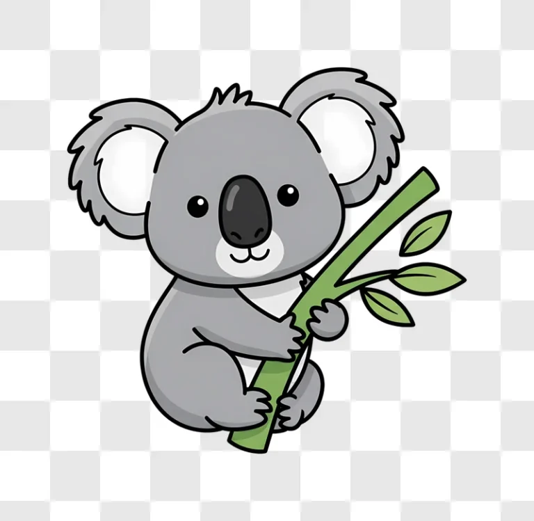 cute cartoon koala hugging green branch on plain background