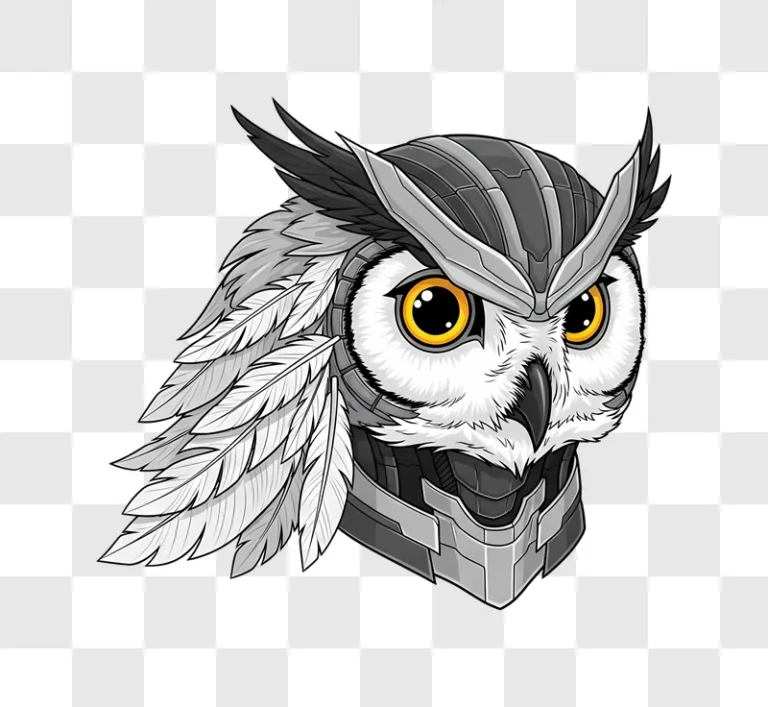 cybernetic owl bust with yellow eyes