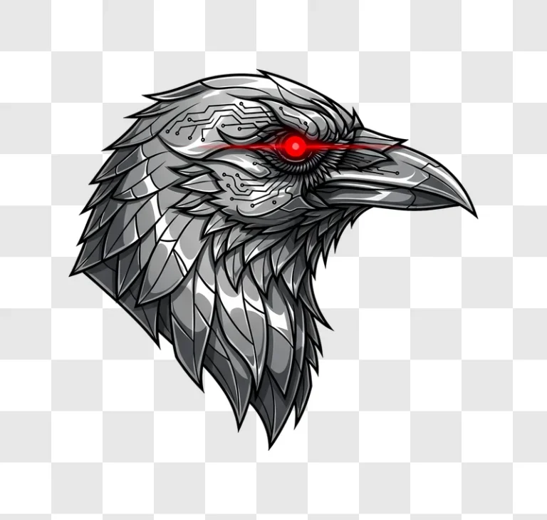 cyborg raven head with red eye on black