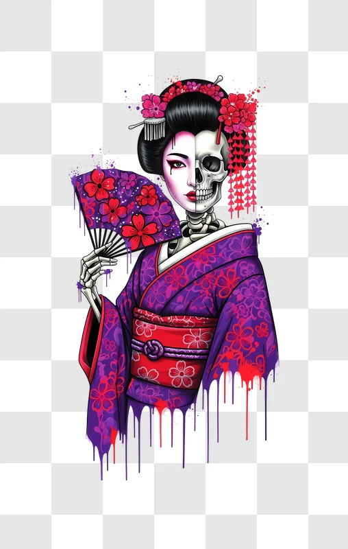 dripping art half geisha skull in floral kimono