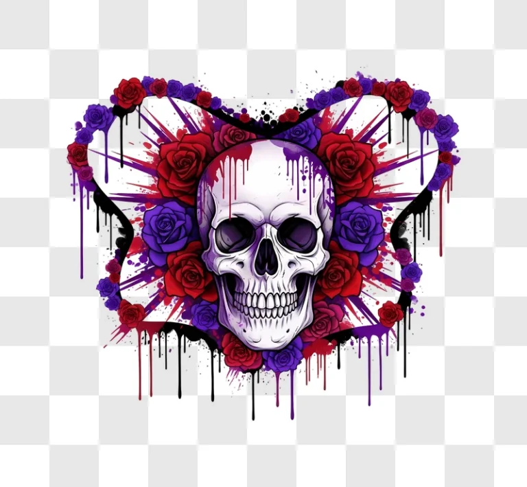 dripping skull with red purple roses grunge art