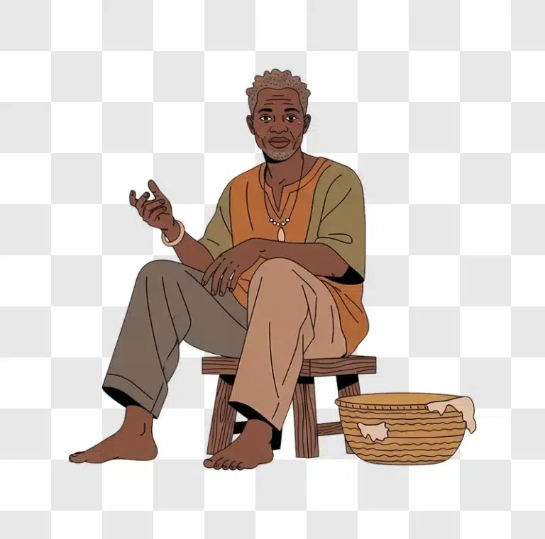 elderly man sitting on stool with pipe and basket