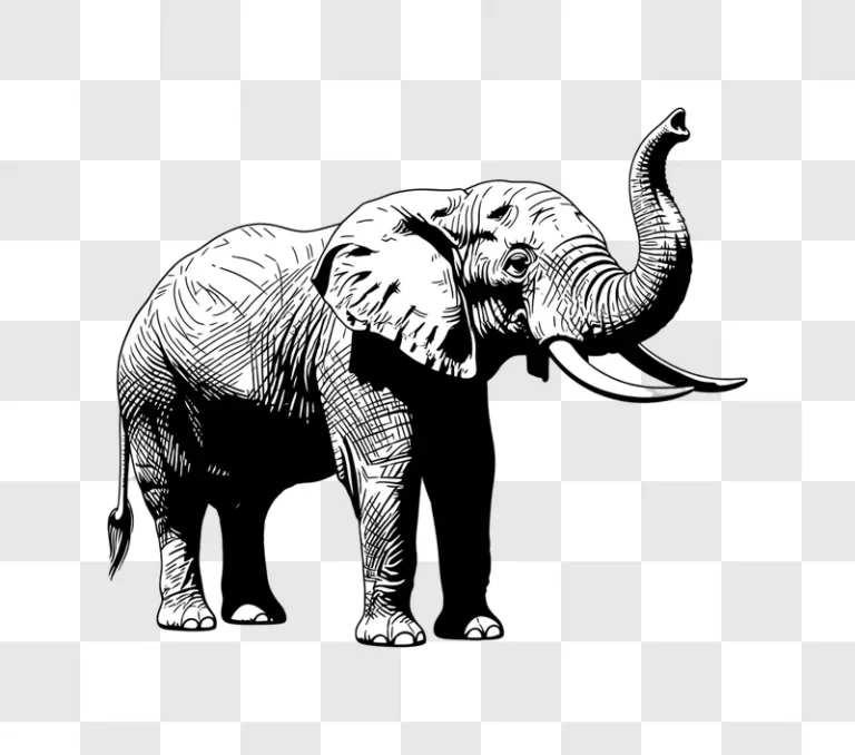 elephant illustration with raised trunk on black