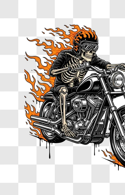 flaming skeleton biker on chopper motorcycle