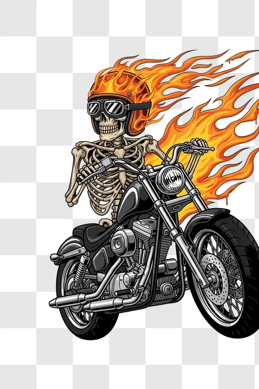 flaming skeleton riding chopper on black background