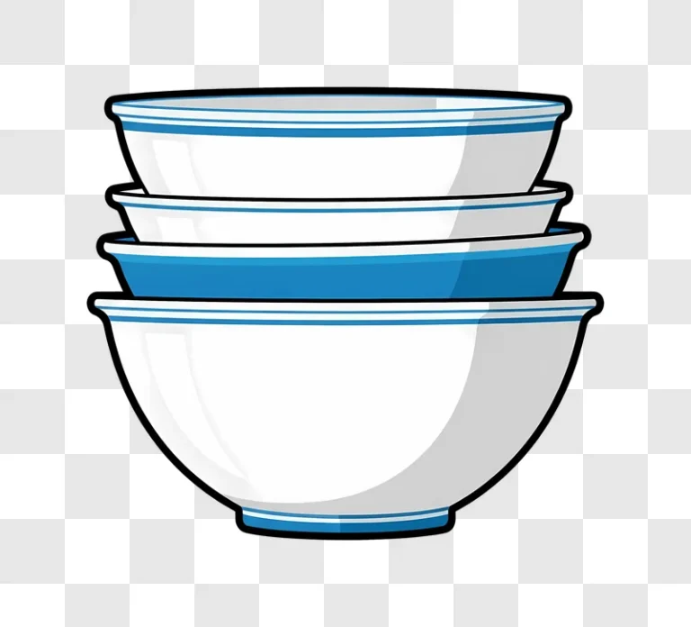 four stacked white bowls with blue stripes