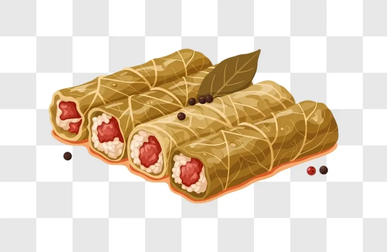 four stuffed grape leaves with rice and meat