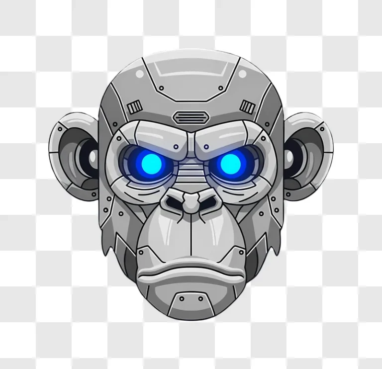 futuristic robotic ape head with blue eyes