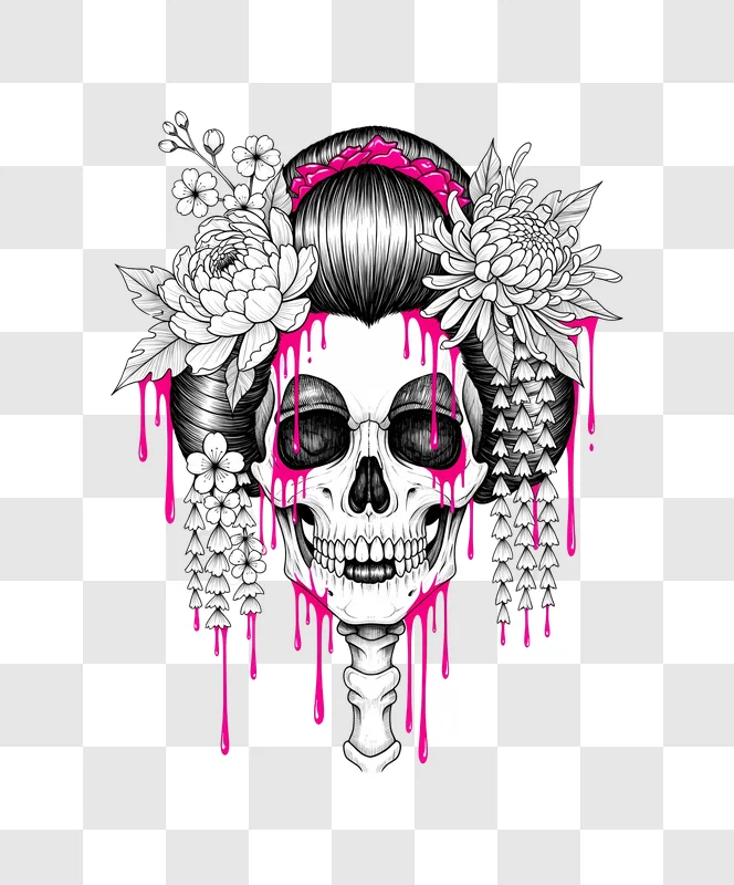 geisha skull illustration with pink drips and dark backgroun