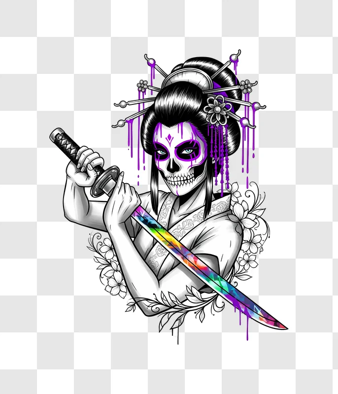 geisha sugar skull holding rainbow katana